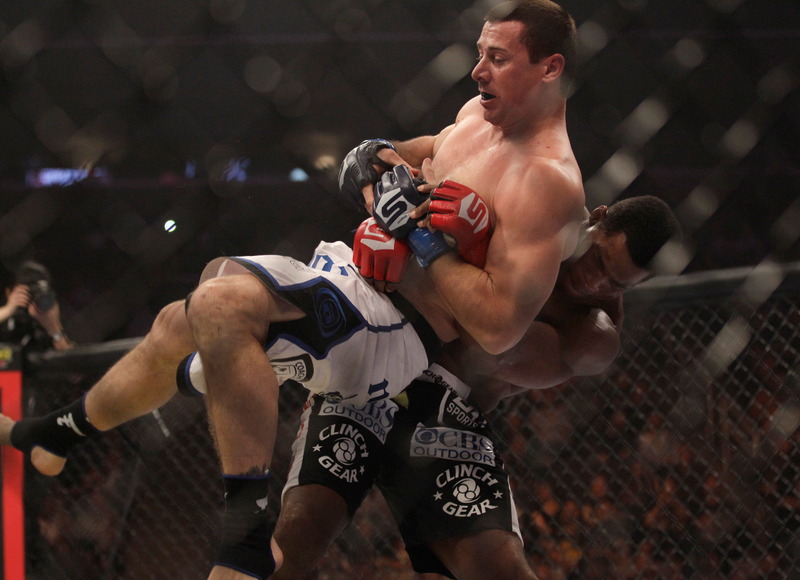 Walker takes down Scott Carson in his second MMA fight. Photo credit: AP/Jeff Chiu